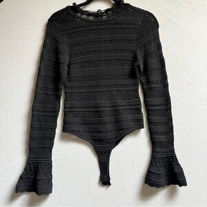 Olivaceous Womens Black Long Sleeve Knitted Lace Bodysuit Sz S